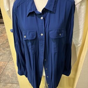 Woman Within Long Sleeve Button Up Navy Blouse